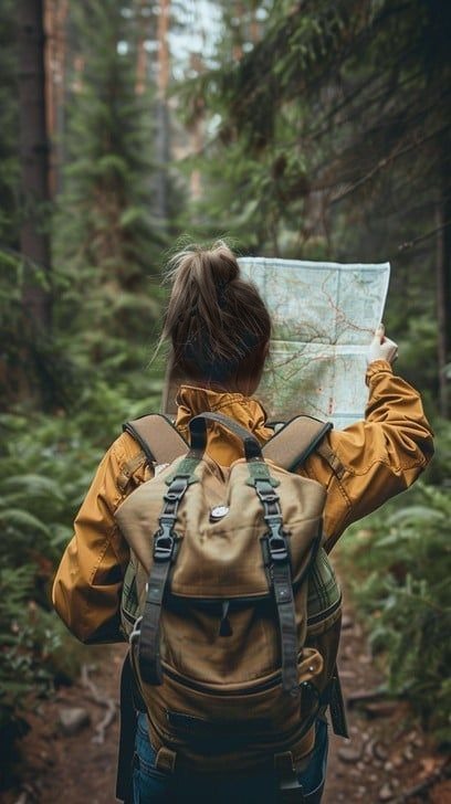 A woman checking a paper map in the forest